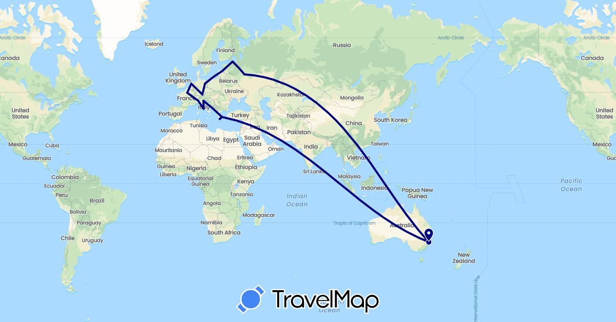 TravelMap itinerary: driving in Australia, Germany, France, Greece, Italy, Latvia, Netherlands, Russia (Europe, Oceania)